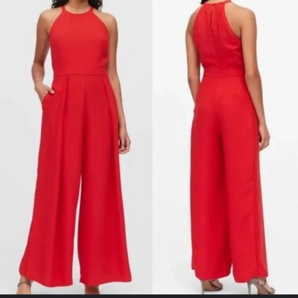 Banana Republic red halter neck wide leg pleated jumpsuit size 14 - Picture 1 of 10